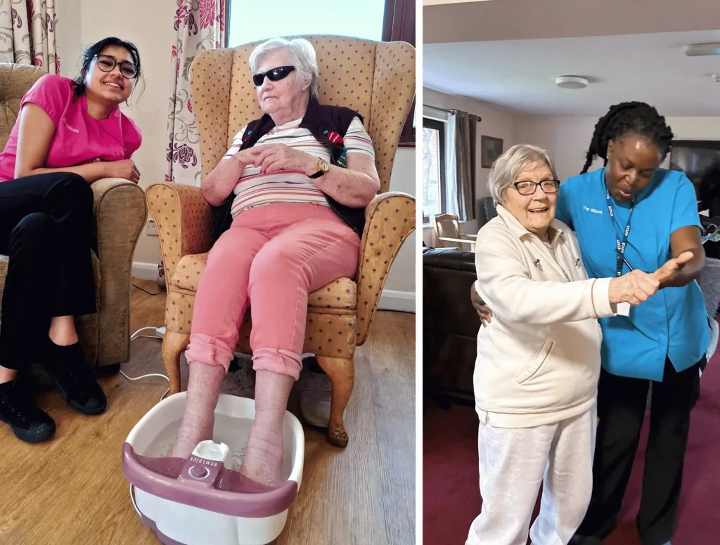 Two photos. Now resident with a staff member. Enjoy a foot spa. Second photo star member dancing the a resident 