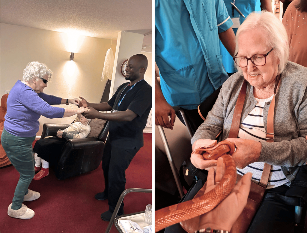 residents with staff enjoy an activity